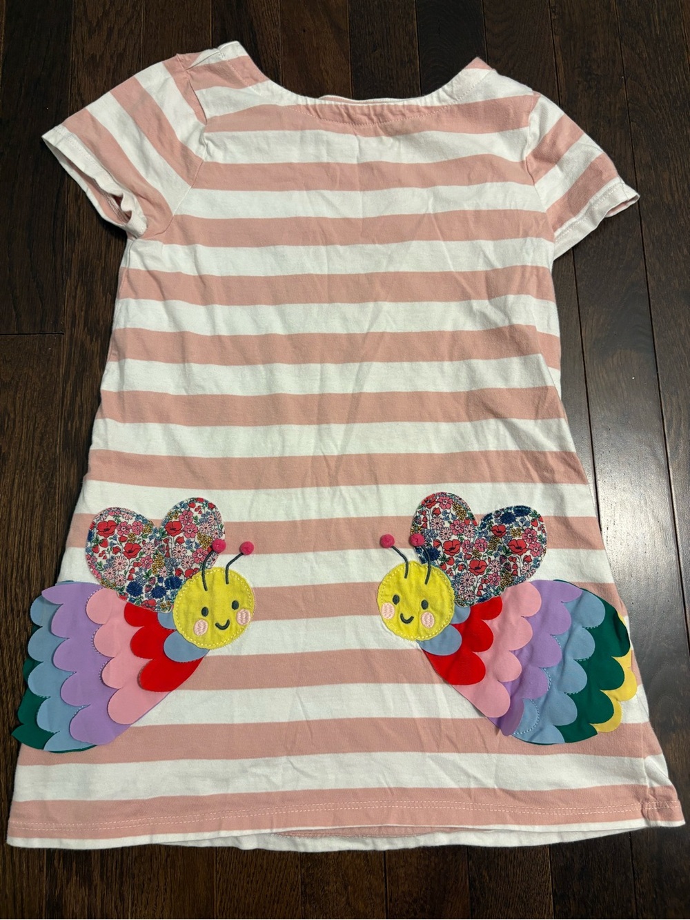 Mini Boden Girls Pink White Striped Butterfly Applique Pocket Dress Size 9-10Y